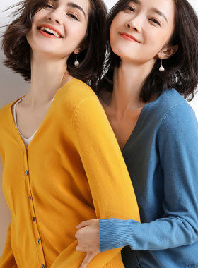 22开春新女外套长袖V领针织开衫女短款薄款纯色修身韩版显瘦毛衣