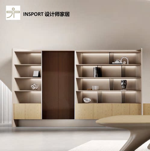 INSPORT 官方正品高端大气实木总裁老板桌背景墙柜灯带设计师书柜