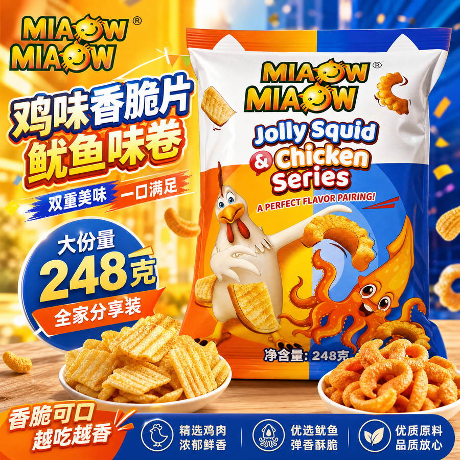 马来西亚妙妙鱿鱼卷鸡味香脆片超大包办公室休闲膨化进口零食食品