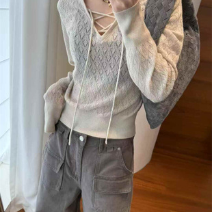 歐洲站2025秋季 歐貨小眾交叉抽繩V領長袖 鉤花菱形格針織衫 女 新款