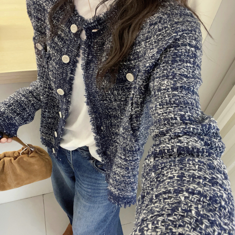 欧洲站2025秋季新款欧货小香风毛边口袋花纱蚕丝绵羊毛针织开衫女