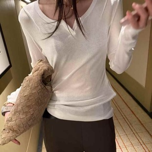 歐洲站2025早秋新款 純色打底T恤女 歐貨簡約風(fēng)剪刀口圓領(lǐng)正肩長袖