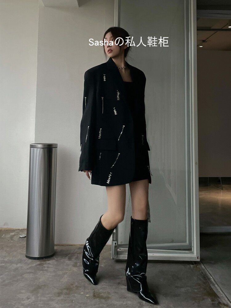 웨지 팬츠 부츠 하이힐 롱 부츠 유럽과 미국의 꽃미남 하이 부츠 포인티드 토 블랙 페이턴트 가죽 바지 부츠 거리에서 핫한