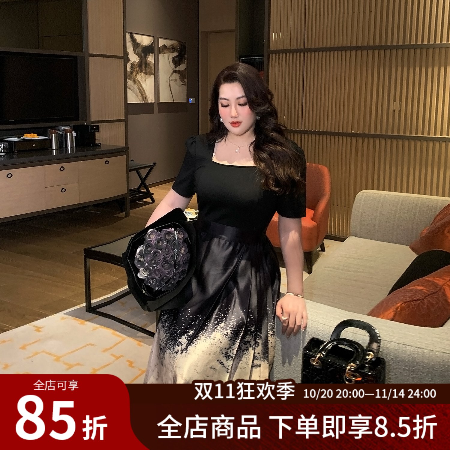 大码女装高端时尚优雅马面连衣裙