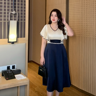 复古珍珠装 新款 法式 绸面胖mm连衣裙 饰荷叶袖 女装 GLEC大码 2025夏季