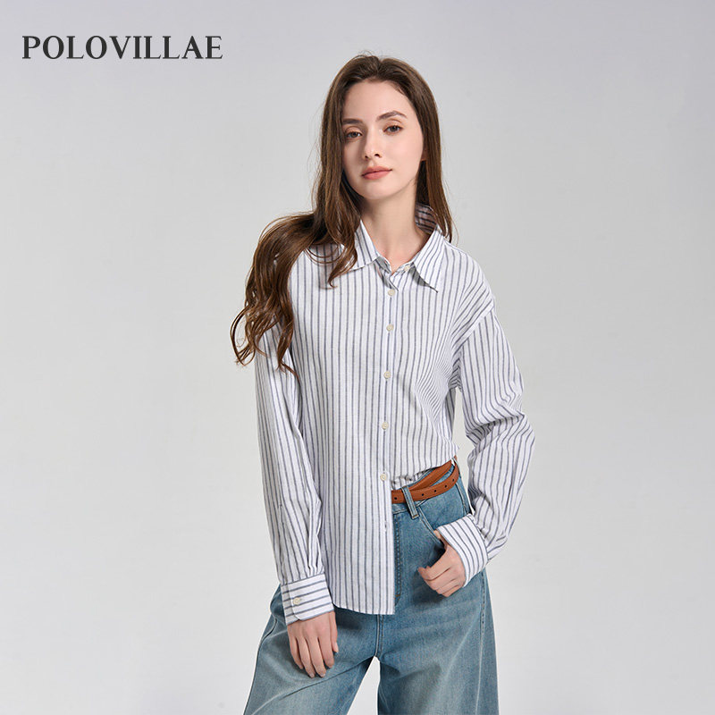 polovillae保罗威特女士竖条薄款长袖棉麻衬衫女百搭上衣ADRS860