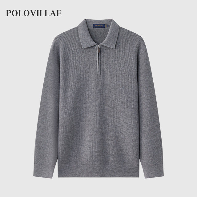 Polovillae专柜同款男士简约纯色翻领半拉链针织衫男毛衣APQF051