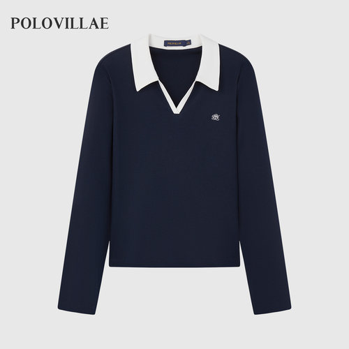 Polovillae保罗女士秋季新款舒适翻领撞色长袖t恤女polo衫ABRF869