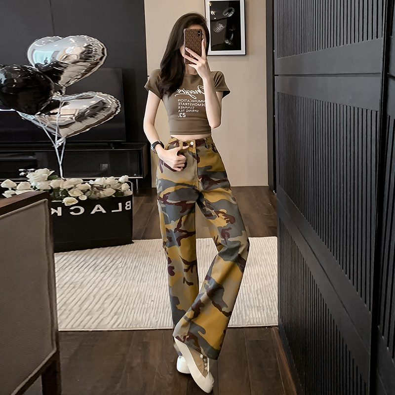 欧货2025新款时髦套装女春夏短袖t恤破洞迷彩牛仔阔腿裤两件套潮