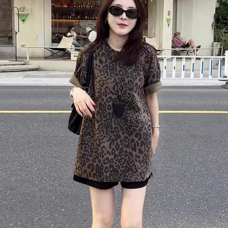 欧货大码豹纹中长款短袖t恤女夏季宽松遮屁股半袖显瘦体恤上衣潮