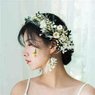 森系新娘花环头饰永生干花发饰超仙发饰头箍度假头花婚纱拍照道具