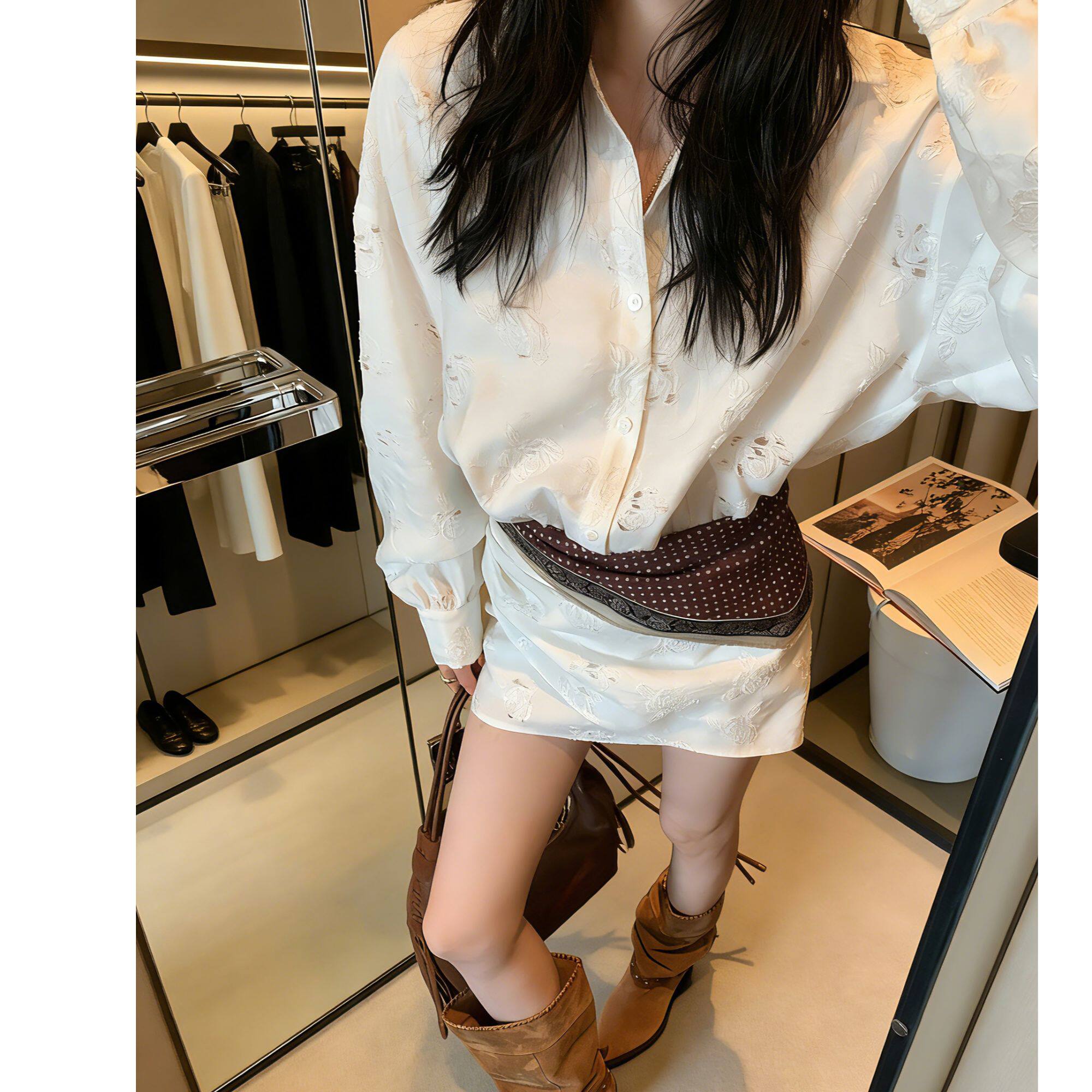 区区欧阳镂空长袖衬衫连衣裙女春季白色辣妹短裙收腰修身显瘦裙子