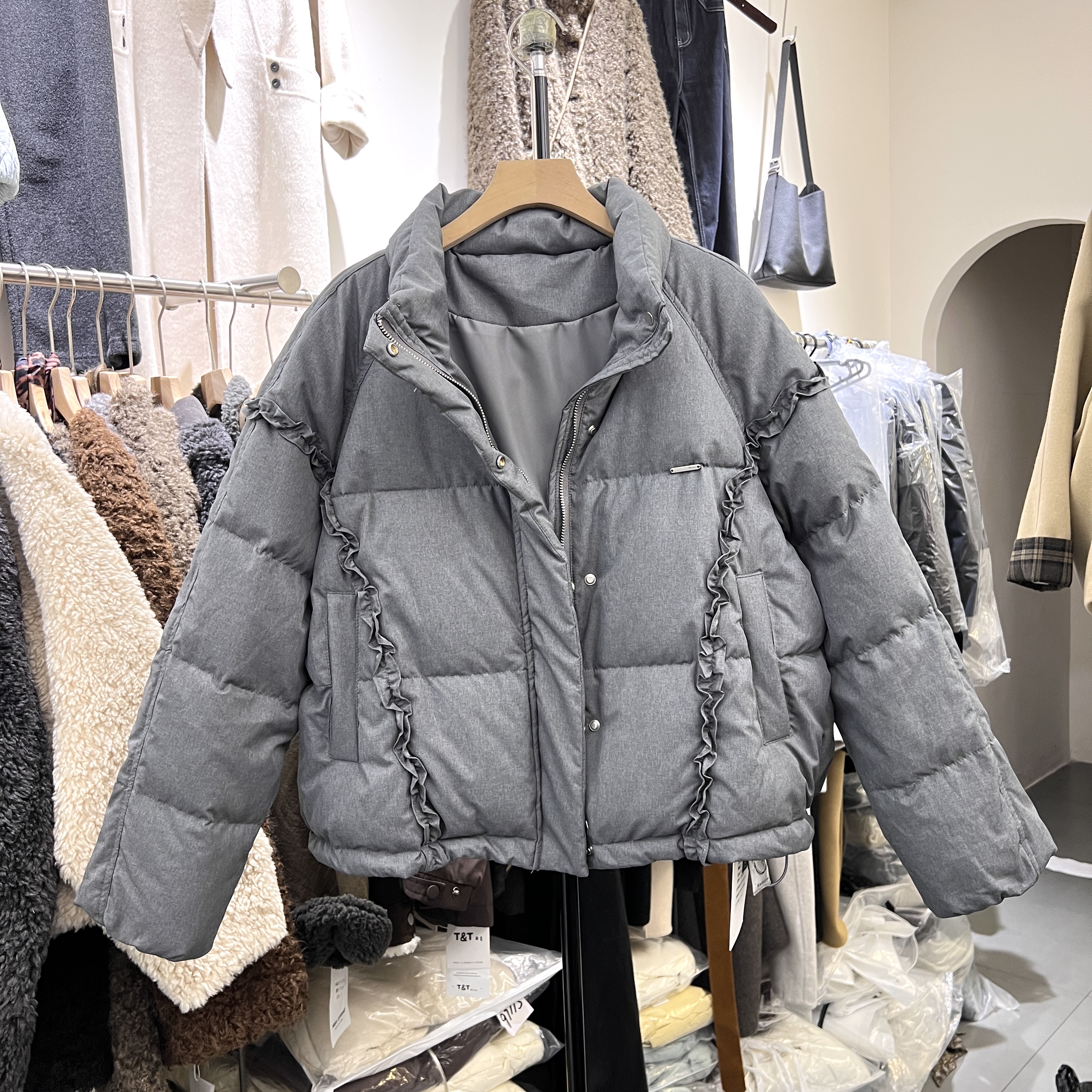 短款羽绒服女欧货冬加厚木耳边小众立领加厚保暖90白鸭绒外套8023