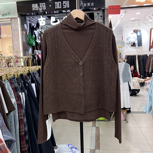 8590时尚V领无袖开衫针织马甲+长袖T恤打底衫两件套女秋新款上衣