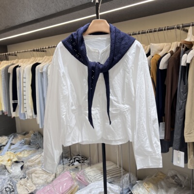 法式圆领衬衫女春季长袖上衣2026新款镂空针织披肩两件套26612