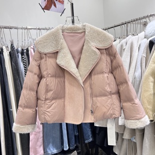 保暖白鸭绒外套2701 短款 韩版 羊羔毛翻领麂皮拼接羽绒服女2025冬季