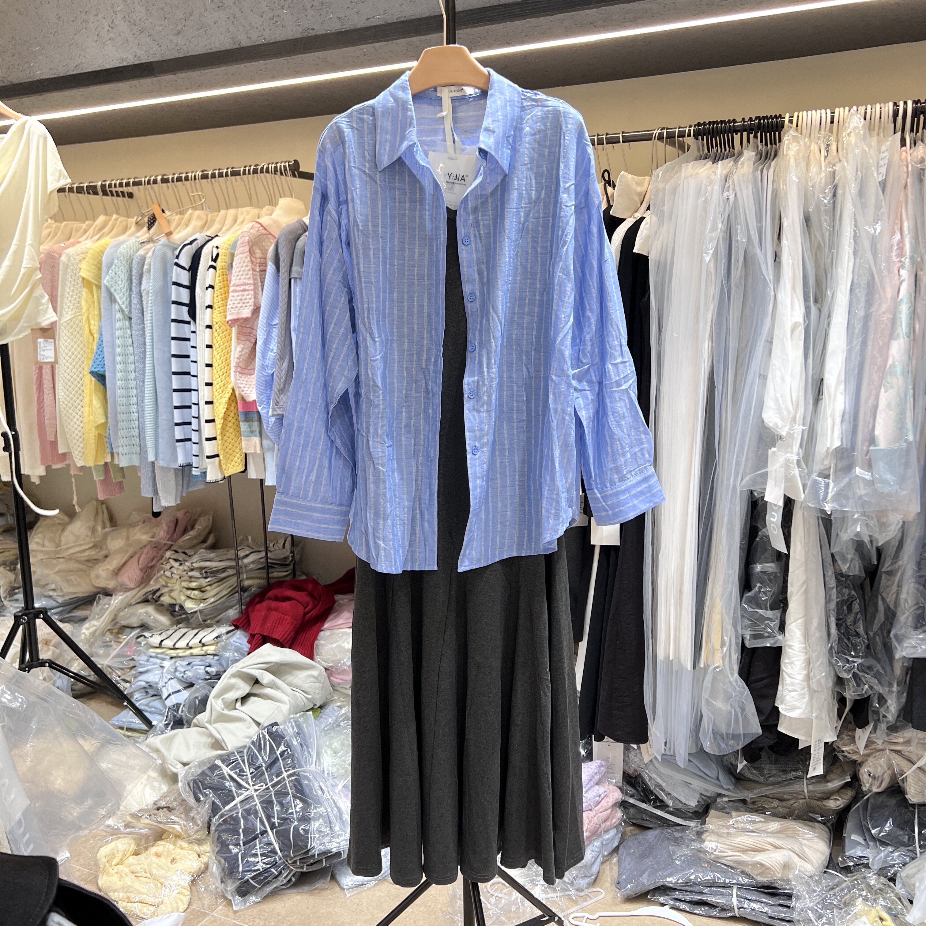 2026春季新款韩系条纹长袖衬衫吊带背心长款连衣裙两件套装女9926