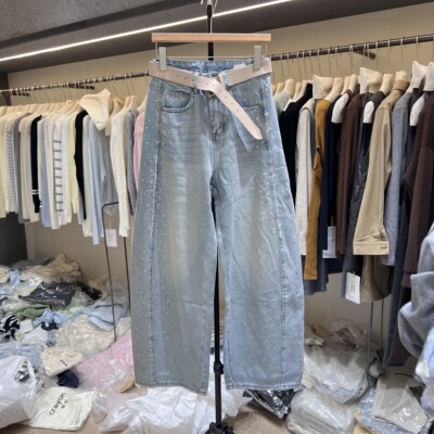 重工烫钻亮晶晶阔腿显瘦蓝色通勤牛仔裤2026春新款潮流女裤66007