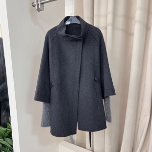 韩系立领双面羊绒大衣女拼针织袖高级感小个子系带羊毛呢外套6629
