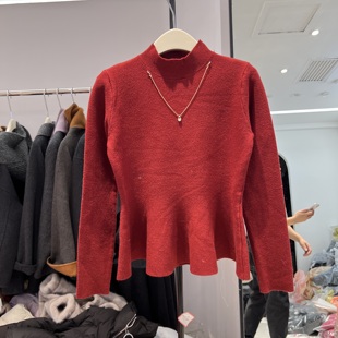 半高领高腰荷叶边下摆减龄甜美针织衫 689 纯色百搭小个子打底衫