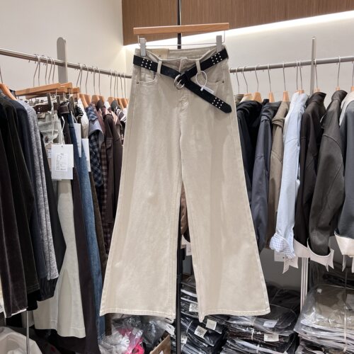 正品高腰弹力喇叭牛仔裤女2026秋季新款宽松显瘦百搭迷彩色直筒裤