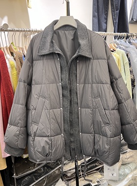 欧货假两件拼接羽绒服冬季新款2025设计感保暖加厚白鸭绒外套7282