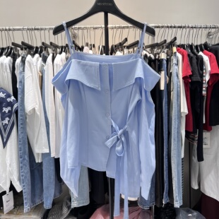 十三行独特不规则设计吊带上衣女春夏法式 8022 别致纯欲一字肩衬衫