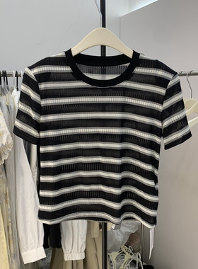 2026夏季新款时尚圆领条纹拼色冰丝短袖T恤航海系垫肩上衣8165