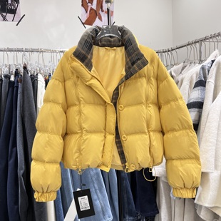 格子撞色立领羽绒服女2025冬季 设计感宽松保暖白鸭绒外套3305 韩版
