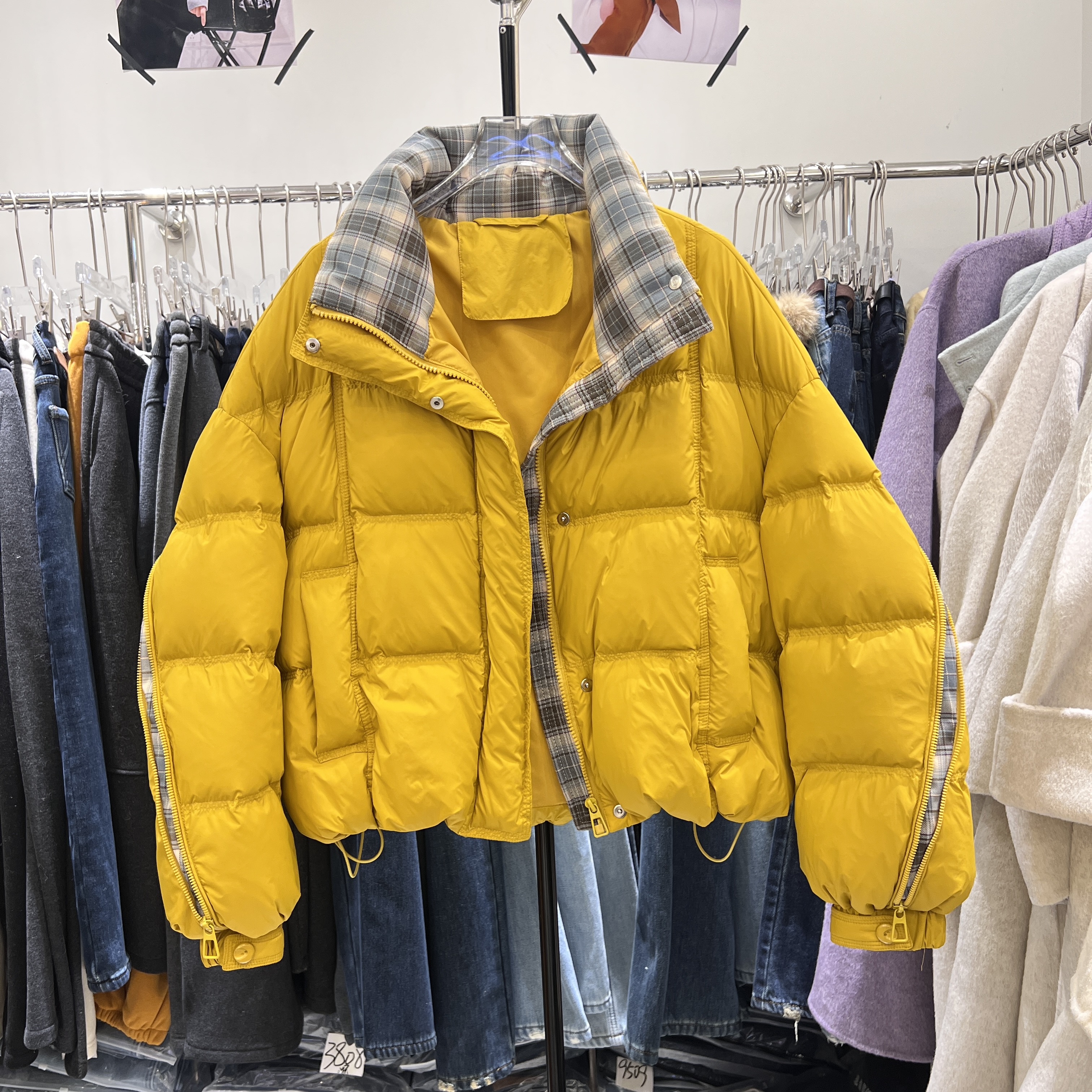 2025冬季新款韩版宽松显瘦格子拼接羽绒服女短款加厚保暖外套867