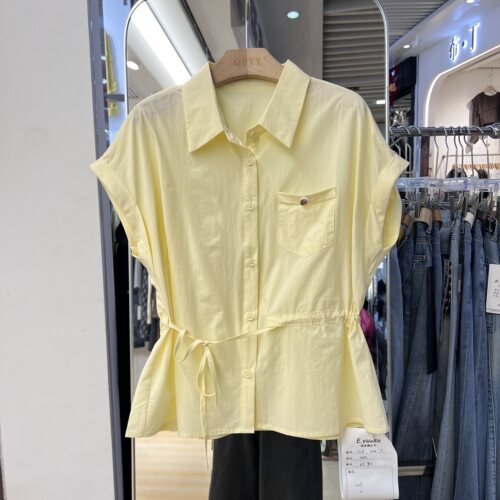 洋气别致法式减龄短袖衬衫夏季褶皱绑带收腰通勤POLO领上衣77118