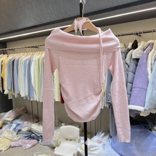 新款 显瘦打底衫 一字肩长袖 女修身 内搭上衣8081 针织衫 飘带2026春季