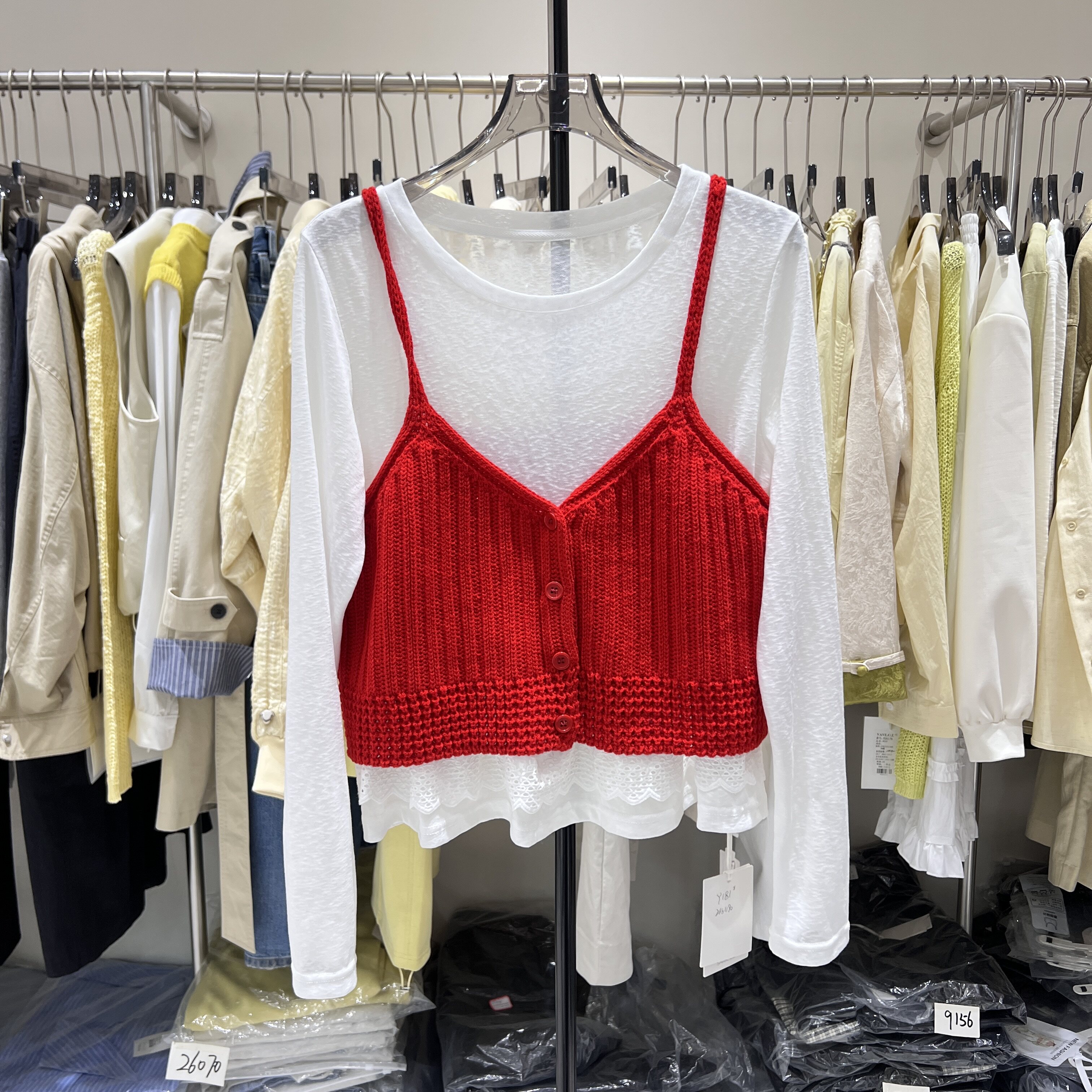 2026春新款韩版时尚圆领拼接蕾丝针织吊带背心+衬衫两件套女9181