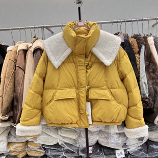 毛毛拼接短款 欧货立领小个子白鸭绒面包服2071 羽绒服女2025冬新款