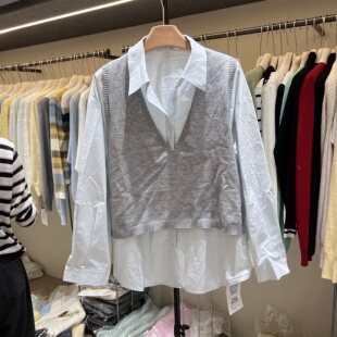 韩系2026春新款 针织马甲休闲显瘦拼接衬衣假两件套女宽松393 时尚