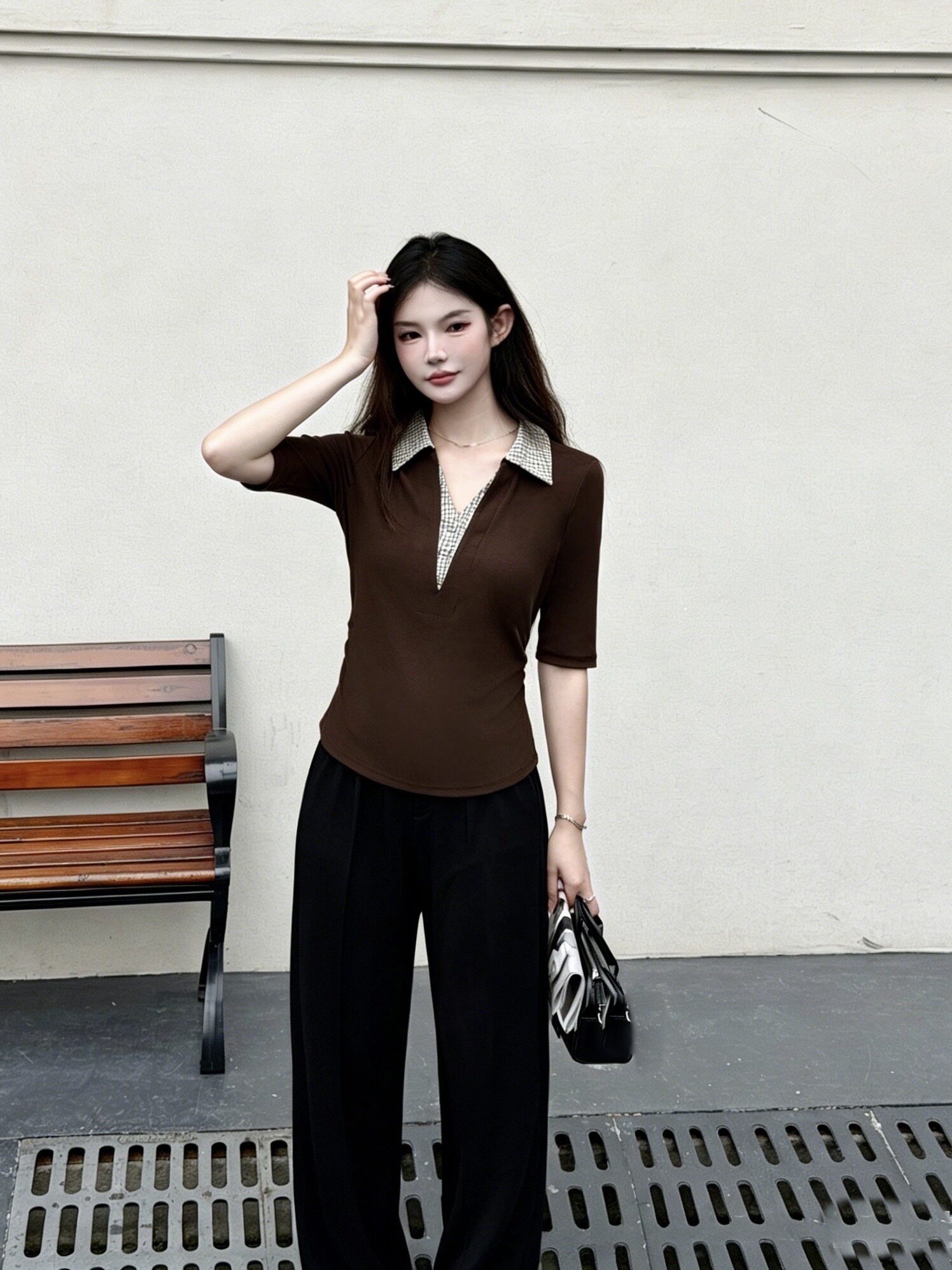 假两件polo领五分袖T恤女秋季复古格纹拼接修身显瘦减龄T恤上衣