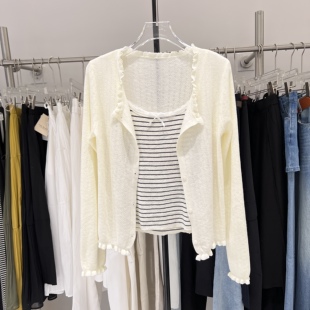 韩系小个子甜美花边长袖开衫+针织条纹背心两件套女显瘦上衣99716