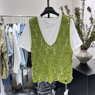 T恤女文艺风减龄两件套装 881 甜美镂空编织背心圆领短袖 2026春新款