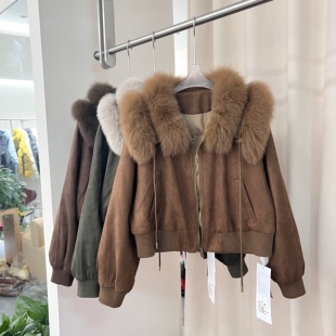 时尚高级感狐狸毛领短款羽绒服女显瘦小个子冬季保暖麂皮绒外套潮