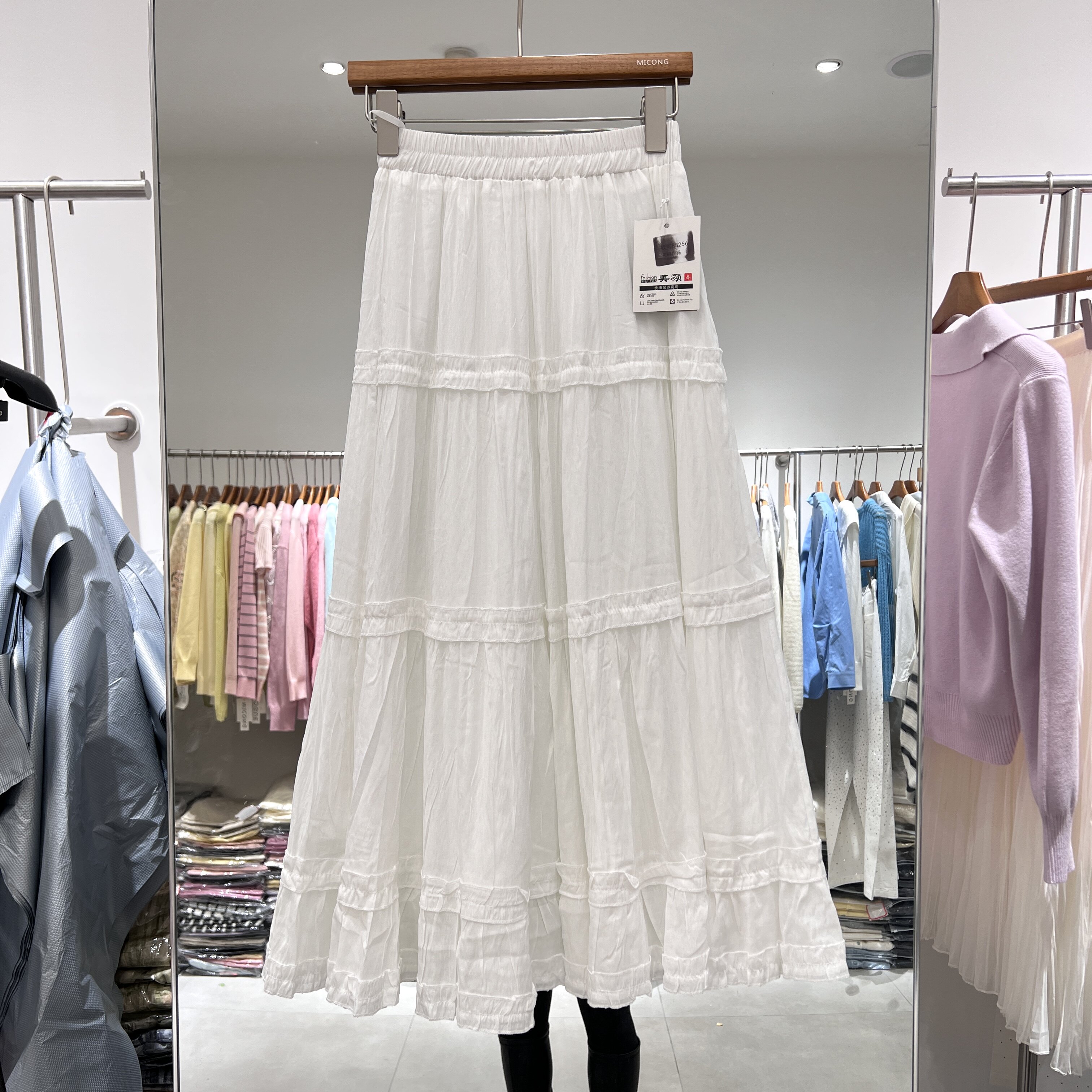 春夏新款女装松紧腰蕾丝拼接半身裙女垂感荷叶边a字中长款裙88256