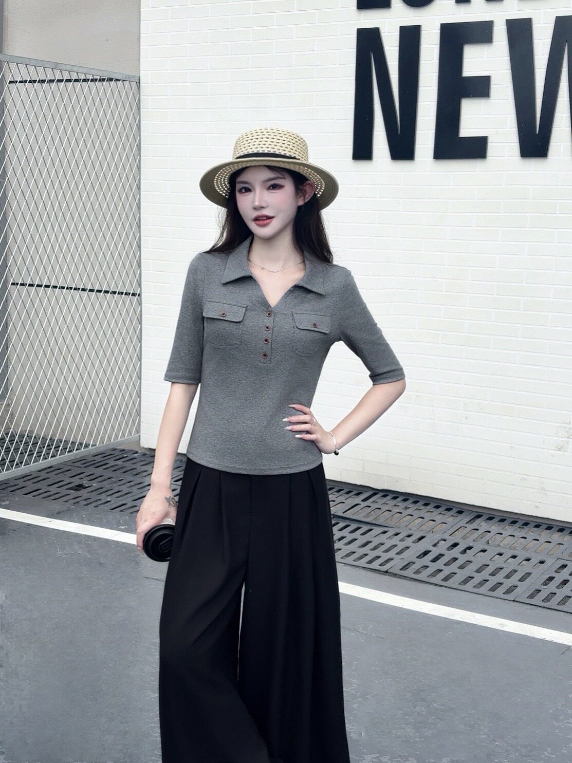 polo领口袋中袖T恤女2026早秋新款修身显瘦翻领套头灰色上衣