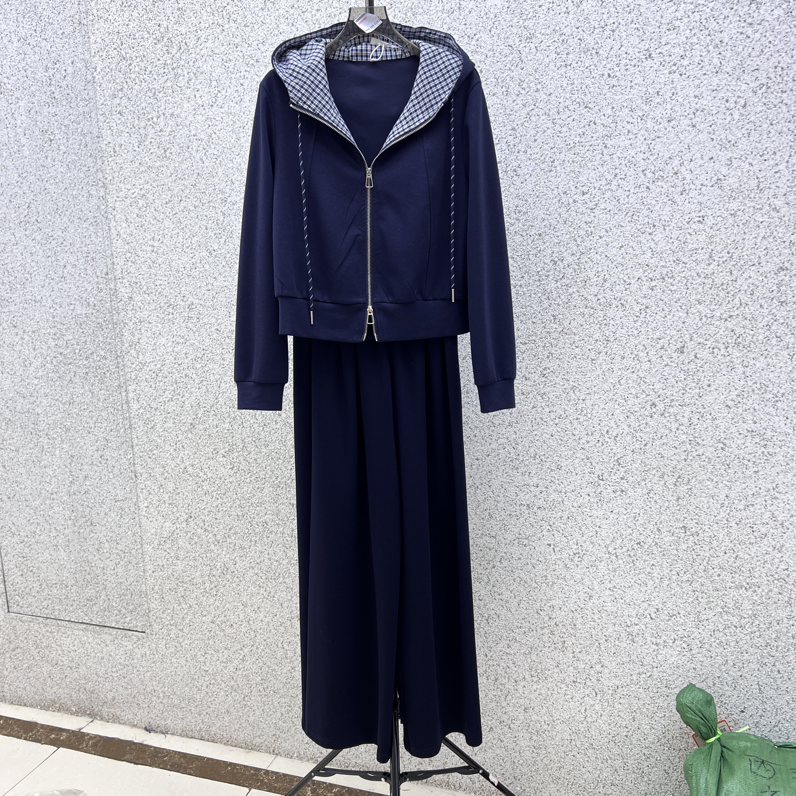 格纹拼接双拉头连帽卫衣长裤套装女2026秋季新款休闲阔腿裤两件套