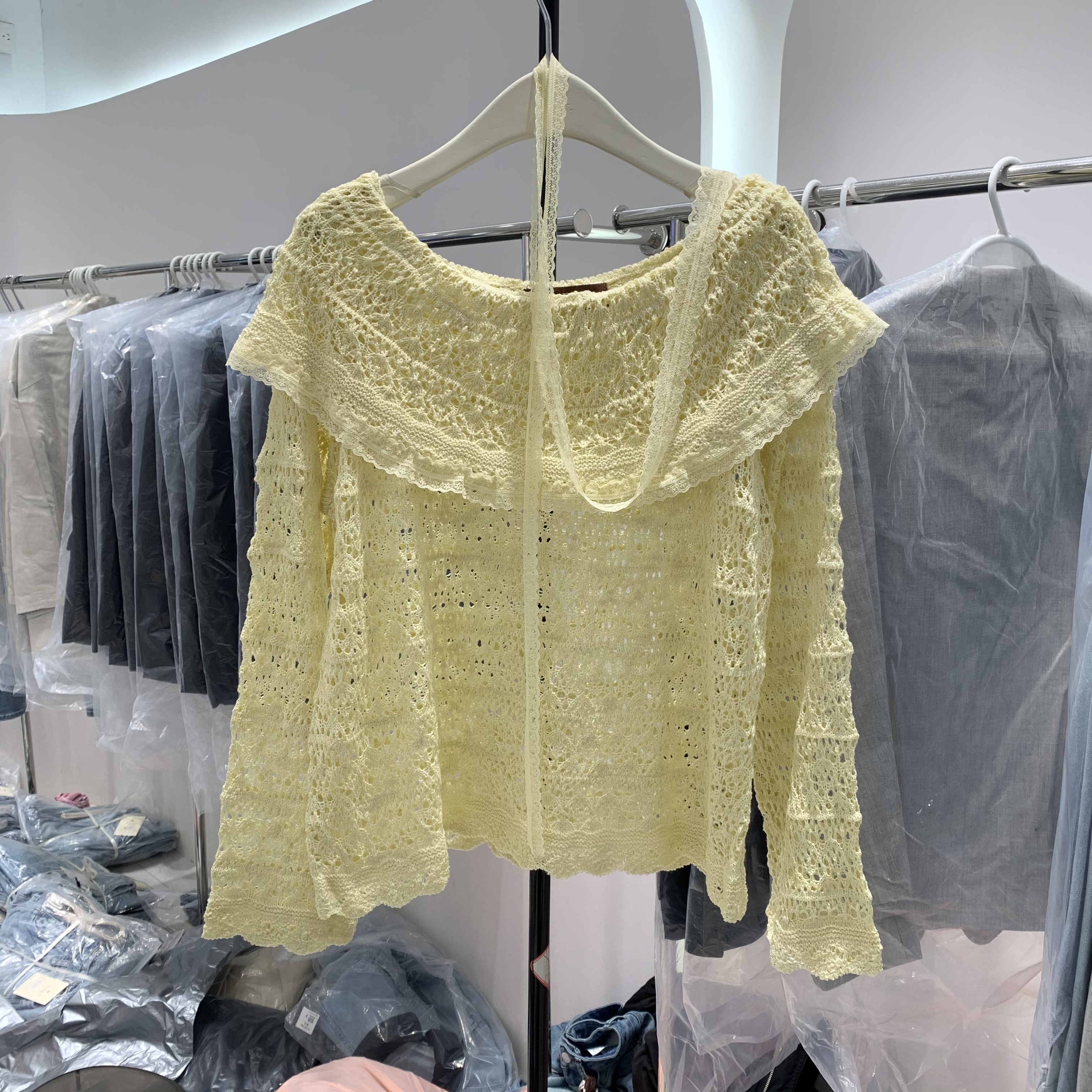 韩版一字领针织衫长袖毛衣宽松显瘦性感配飘带上衣女学院风58011