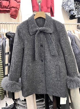 羽绒内胆2025秋冬款风灰色毛呢外套女新款蝴蝶结呢子斗篷大衣9152