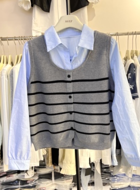 2026春秋季新款女韩版条纹拼接假两件毛针织衫宽松通勤上衣10766