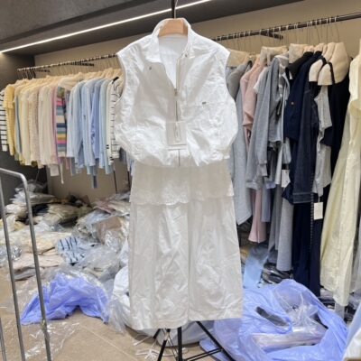 2026夏装新款立领拉链无袖外套+松紧腰中长半裙速干棉套装9889