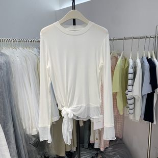 8081 减龄显瘦拼接打底衫 韩系不规则蕾丝边内搭休闲长袖 恤女春新款