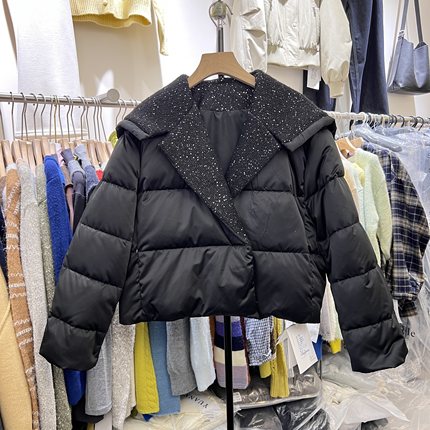 欧货2025冬季新款时尚翻领亮片拼接短款羽绒服女加厚保暖外套7773