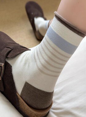 早秋莫兰迪色韩系低饱和撞色条纹复古堆堆袜卷边百搭中筒袜月子袜