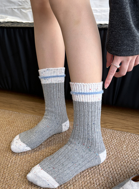蓝灰色羊毛袜子女中筒袜秋冬费尔岛加厚加绒堆堆袜女条纹韩系保暖